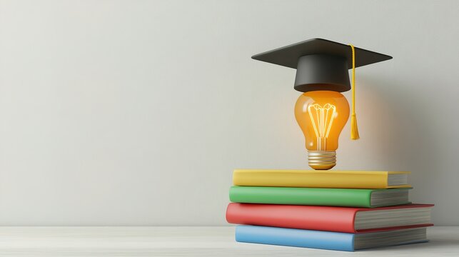 Stacked books with a glowing light bulb wearing a graduation cap, symbolizing education and creativity