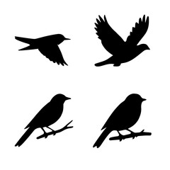Obraz premium Black bird silhouettes in various poses on a plain background, ideal for nature-themed projects and designs, offering a clean and versatile aesthetic