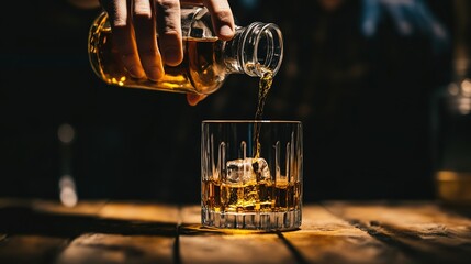 Pouring whiskey into a glass with an ice ball, creating a luxurious wine - tasting scene