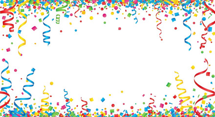 Festive black background with colorful confetti and streamers