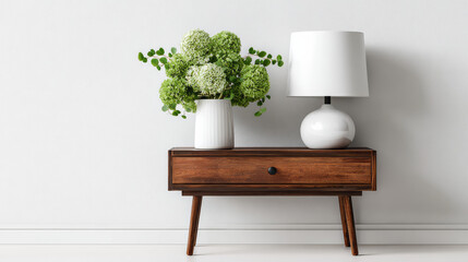 Modern minimalist nightstand with lamp and greenery on white background