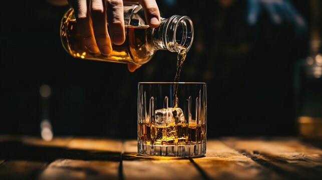 Pouring whiskey into a glass with an ice ball, creating a luxurious wine - tasting scene