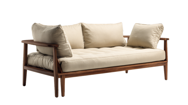 Modern minimalist daybed with beige cushions and wooden frame on white background