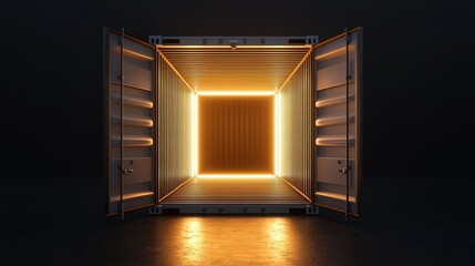 3D render of open shipping container with glowing light coming from inside.