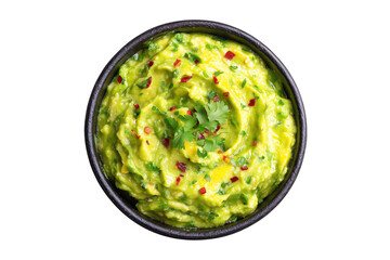 Fresh guacamole in a black bowl isolated on transparent background