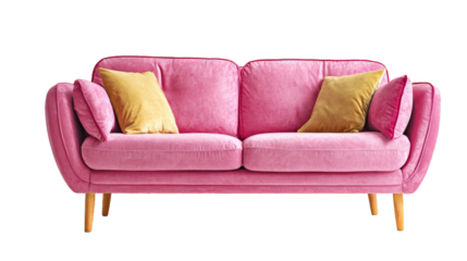  Modern pink sofa with wooden legs and soft cushions on white background
