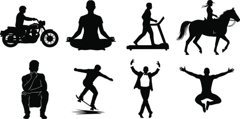 Eight human silhouettes performing various activities—motorcycling, meditating, skateboarding, dancing, horse riding—black vector for lifestyle and motion concepts