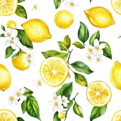 Fresh and Vibrant Seamless Pattern of Beautiful Lemons and Flowers