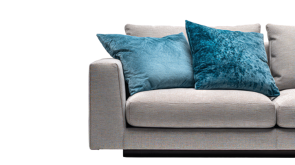  Perspective view of modern upholstered sofa with cushions on white backgroud