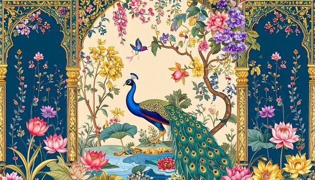Ornate peacock and floral design. - Powered by Adobe