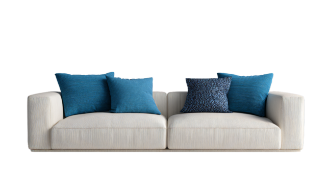  Perspective view of modern upholstered sofa with cushions on white backgroud