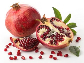 Fresh pomegranates and seeds isolated on white background