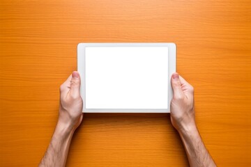 Hands holding blank white tablet mockup on orange background for app presentation
