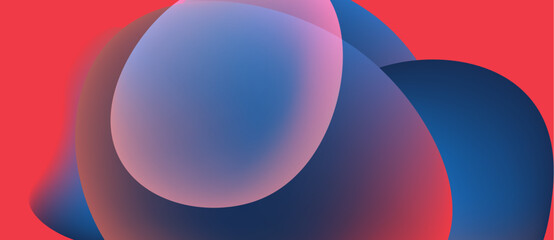 Abstract shapes overlap, creating vibrant color blends. Red, blue, purple hues dominate composition. Smooth gradients define forms.