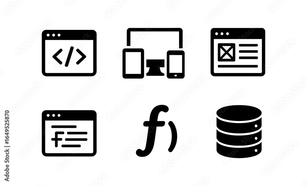 Aufkleber modern web development icons: responsive design and coding symbols in flat style
