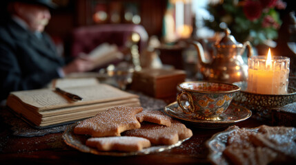 Small table with gingerbread and a tea along with a candle and a young lady reading a book in the background 