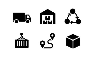 Logistics and supply chain icons: simplified warehouse and delivery symbols