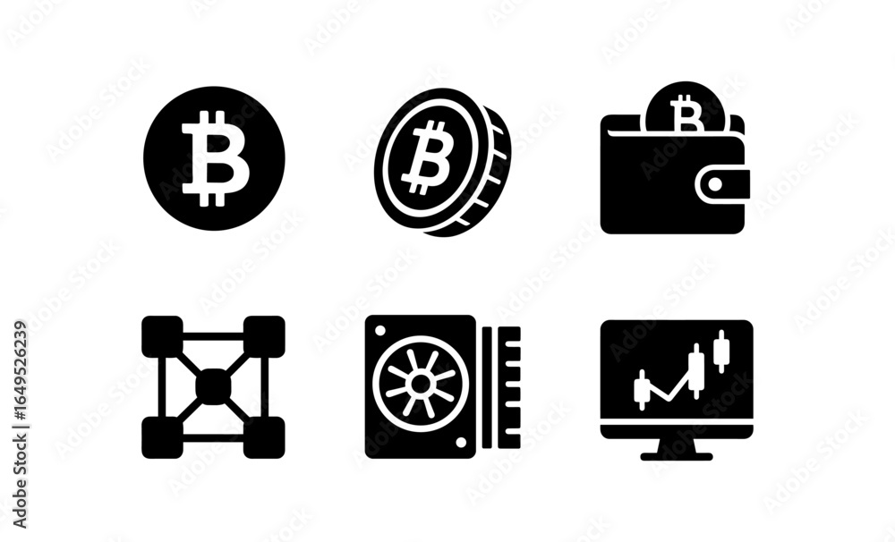 Poster cryptocurrency and blockchain icons set in silhouette style