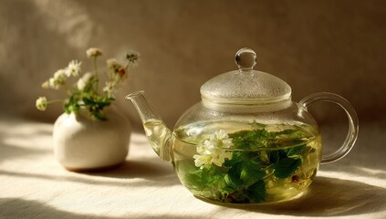 Clear glass teapot filled with herbal tea, next to a vase of flowers