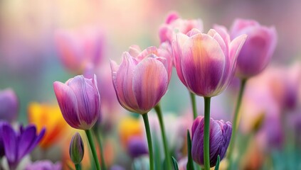 Obraz premium Soft-focus springtime tulips in pastel pinks and purples. A gentle, blurred background of other blossoms adds depth