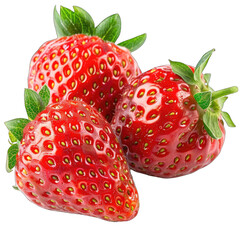 Close-up of three fresh, vibrant red strawberries with green leaves