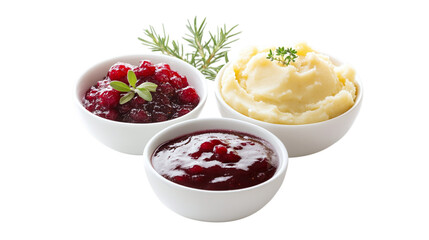 &bull; A Thanksgiving feast with mashed potatoes, gravy, and cranberry sauce, isolated on white background in HD 