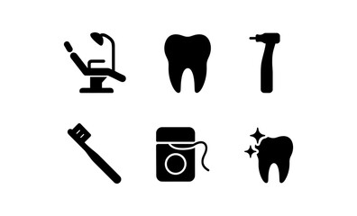 Dental icons: essential tools and hygiene in simple black silhouettes