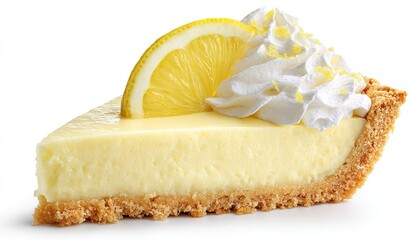 Lemon custard pie slice, topped with whipped cream and lemon slice