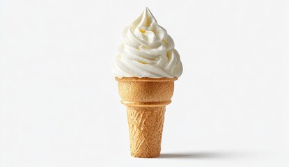Single scoop of vanilla soft serve ice cream in a waffle cone, studio shot against a plain white background