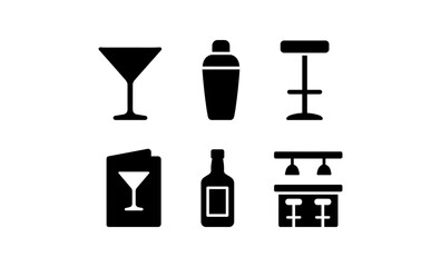 Bar icons set: stylish silhouette designs of cocktails and barware essentials