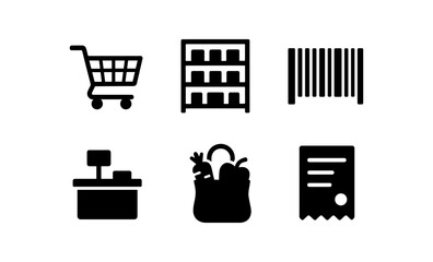 Minimalist shopping icons set featuring cart, barcode, checkout, and grocery designs