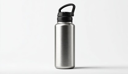 Stainless steel water bottle, brushed metal finish, simple design