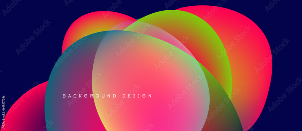 Poster abstract colorful circles overlap, creating vibrant gradients. dark blue background enhances bright 