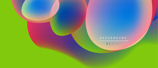 Abstract colorful shapes overlap vibrant green background. Fluid forms create dynamic visual effect. Modern design element.