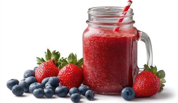 Red smoothie in a mason jar, with fresh berries
