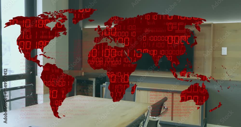 Poster camera starting panning over red world-map overlay showing binary code revealing meeting room