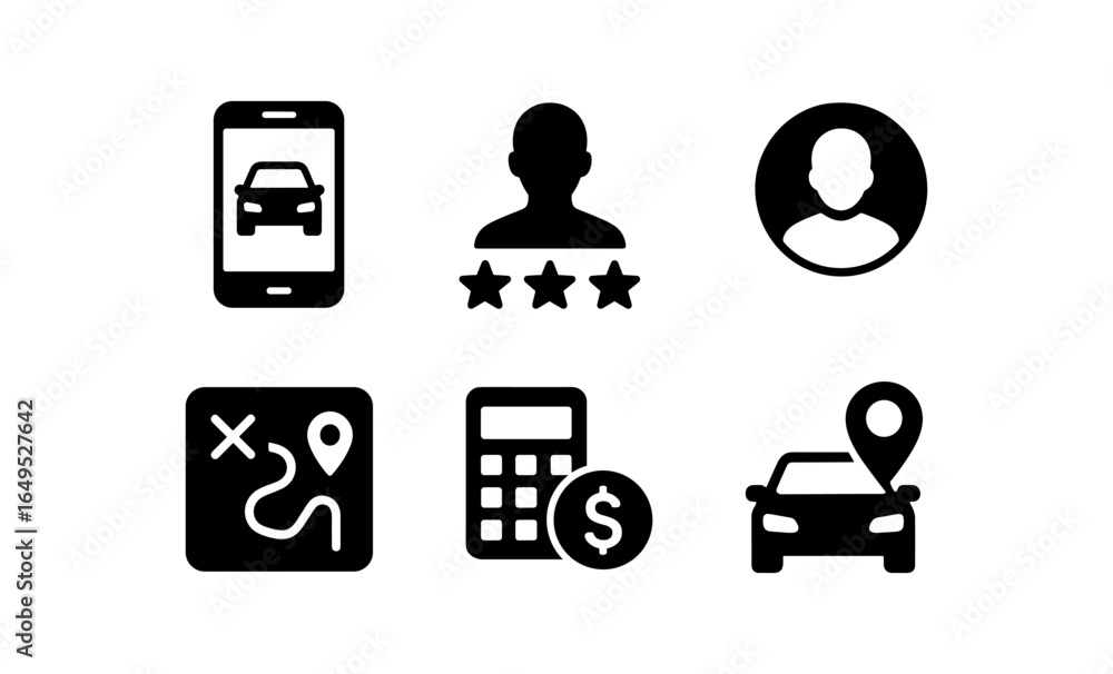 Poster simple icons for car rental app interface with map and user elements