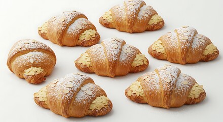 Fototapeta premium Freshly baked almond croissants with powdered sugar, centered on a white background with ample space, golden and inviting.