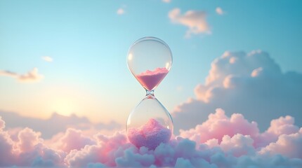 Transparent hourglass with pastel rainbow clouds as sand, dreamy sky