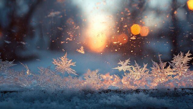 Frozen patterns on a window at sunset.  Snowflakes and ice crystals adorn a windowsill, backlit by a warm golden sunset.  Soft-focus background of out-of-focus winter scene