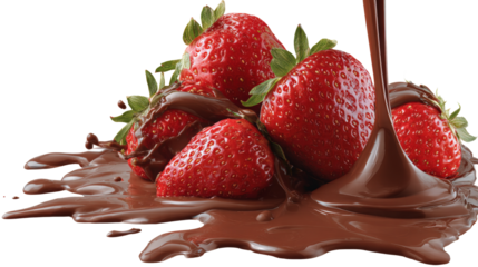Ripe and fresh strawberries are poured on top of sweet, brown chocolate isolated on a white background