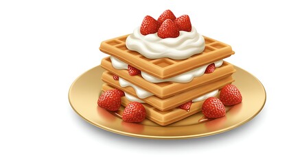Plate of golden Belgian waffles with whipped cream and strawberries, centered on a white background with wide empty margins, photorealistic and mouthwatering.