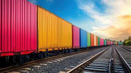 Fototapeta premium Colorful containers lined up along a train track, ready for transport.