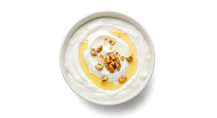 Bowl of Greek yogurt with honey drizzle and walnuts, isolated in the center of a white background with wide margins, creamy and inviting.