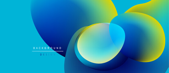 Abstract fluid shapes overlap, creating vibrant blue, yellow gradients. Modern design suggests movement, energy, dynamic composition.