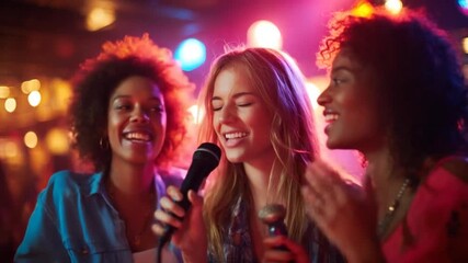 Friends singing karaoke with joyful expressions - Powered by Adobe