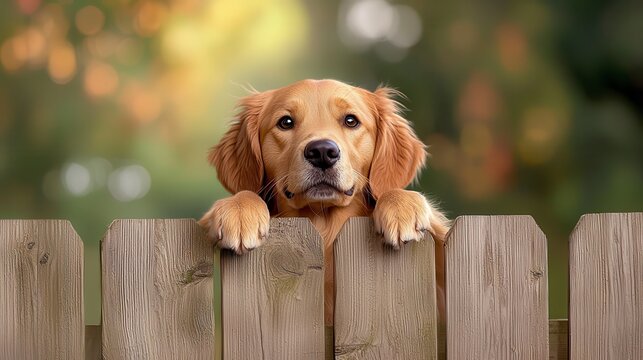 Golden Retriever looking over the wooden fence in the. Canine trio observing beyond timber barrier within sunlit yard domestic breed watching golden fur rural scene pet boundary