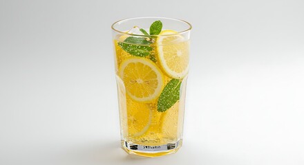 Glass of sparkling lemonade with lemon slices and mint leaves, centered on a white background with large empty margins, refreshing and photorealistic.