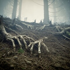 tree roots made of skeletal hands gripping soil foggy forest floor