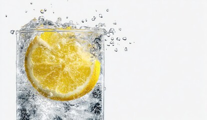 Fresh lemon slice in a glass of sparkling water, splashing